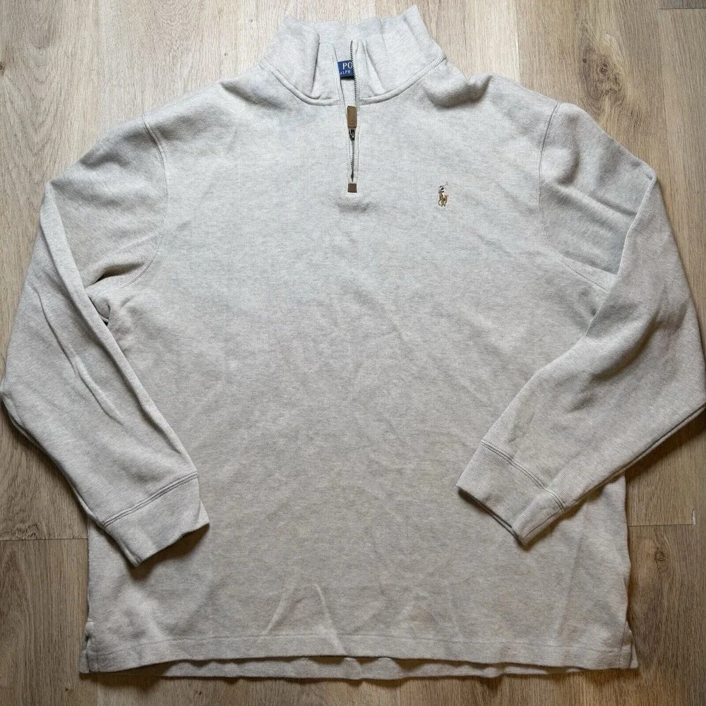 Polo Ralph Lauren Estate Ribbed Cotton Pullover 1/4 Zip Sweater Large Beige L/S